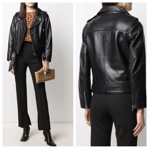 Stand Studio Polly Biker Black Leather Moto Jacket Womens 34 US XS 0 2 - Picture 1 of 12